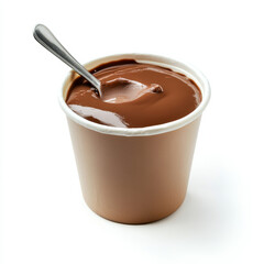 A creamy milk chocolate yogurt cup with spoon, isolated on a white background, showing smooth texture and sweet appearance