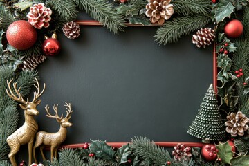 Elegant Christmas frame with festive decorations and reindeer figures