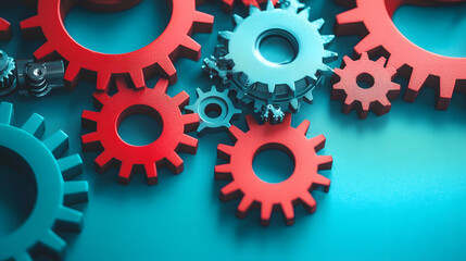 Wall Mural - close-up of red and blue gears interlocking on a teal background, representing teamwork, collaborati