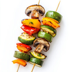 A freshly grilled veggie kebab with bell peppers, mushrooms, and zucchini, isolated on a white background, showcasing health and flavor