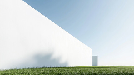 Slanted white wall on a green lawn under the sky