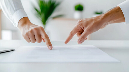 Two people pointing at a piece of paper on a table