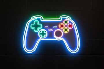neon sign on wall in the form of gamepad, controller or joystick