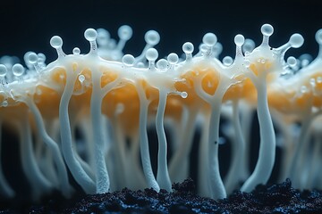 Close-up of white and orange fungi on a dark background