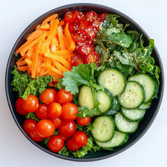 Wall Mural - A vibrant salad bowl filled with greens, cherry tomatoes, cucumbers, and carrots, isolated on a white background, highlighting freshness