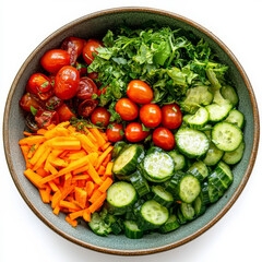 Wall Mural - A vibrant salad bowl filled with greens, cherry tomatoes, cucumbers, and carrots, isolated on a white background, highlighting freshness