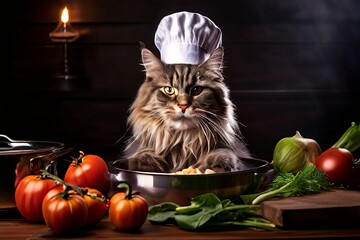 Canvas Print - a maine coon cat wearing a chefs hat expertly flipping vegetable