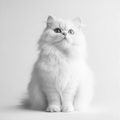 Wall Mural - Elegant Persian Cat Portrait, showcasing a full-body view of a fluffy, flat-faced cat against a pristine white background, emphasizing its luxurious coat.