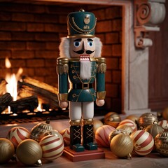 Wall Mural - Nutcracker in front of a fireplace with Christmas decorations