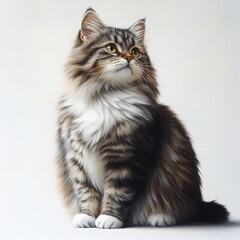 Wall Mural - Proud Siberian Cat Displaying Majestic Fluffiness Against a Pure White Background, Highlighting Its Strong Build and Natural Beauty