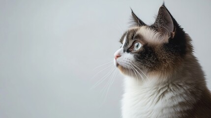 Wall Mural - Snowshoe Cat Portrait, elegant full-body depiction of a calm Snowshoe cat with striking eyes and white paws, spacious layout for text integration