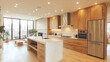 © Jam - Modern Kitchen With Wooden Cabinetry and Open Layout in City Apartment. Generative AI