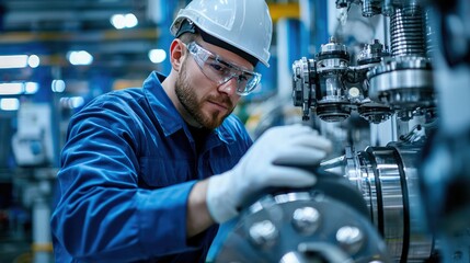 Fototapete - Mechanical engineer inspecting a machine component on a factory floor. 
