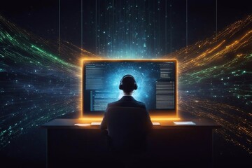 Wall Mural - man surfing the internet. virtual space, digital technologies, big data processing. futuristic techn
