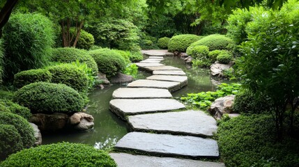 Wall Mural - Tranquil Feng Shui Herb Garden featuring organized plants, serene stone pathways, and a peaceful pond, promoting nurturing energy and harmony