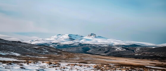 Wall Mural - A serene snowy mountain landscape extends under a pale blue sky, evoking the majesty and tranquility of rugged natural beauty.