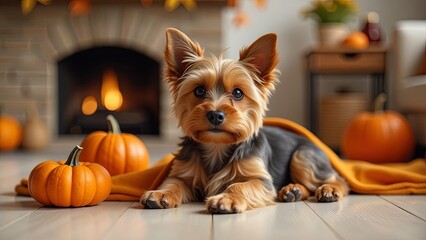 Wall Mural - A cute Yorkshire Terrier puppy lying under an orange plaid against the background of a lit fireplace. Mood drop, autumn vibrations. Thanksgiving day.