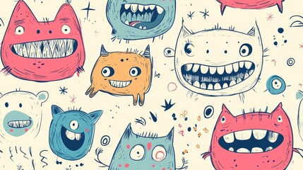 Playful Monster Doodles Seamless Pattern - Fun and Whimsical Cartoon Creatures for Kids' Designs, Fabric, and Wallpaper