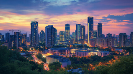 Wall Mural - Bright glowing lights of district in megapolis under dusk sky in evening on blurred background . -