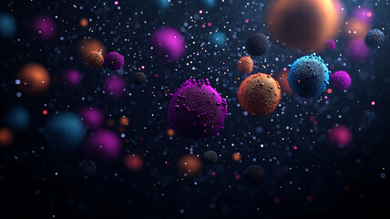 Fototapete - Colorful viral particles float in dark microscopic view, showcasing vibrant textures and intricate details. image captures complexity and beauty of microscopic life forms