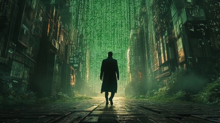Wall Mural - matrix code programming green person simulation 