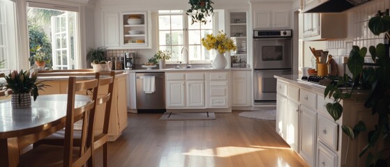 Wall Mural - Bright kitchen bathed in sunlight with large windows, wooden floors, and vibrant flowers creating a fresh and inviting atmosphere.