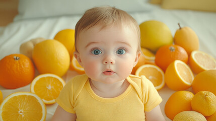 baby surrounded by variety of fresh fruits, including oranges and lemons, creates vibrant and cheerful scene. bright colors and babys curious expression evoke sense of joy and playfulness