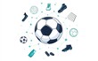 © YanabY - A collection of soccer elements featuring a central ball surrounded by shoes, nets, and other gear in a playful design