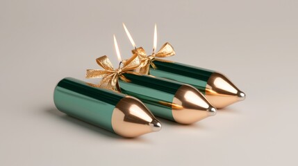 Stylish green and gold decorative candles shaped like pencils, featuring a faux bow, perfect for festive occasions.