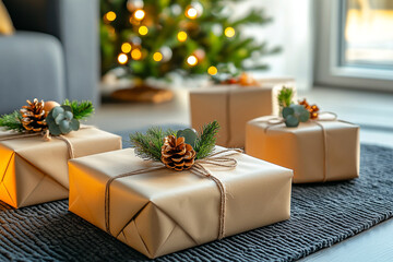 Wall Mural - Gifts in craft paper with bow and pine cone against the background of Christmas tree.