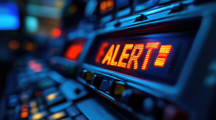 The control panel features a glowing alert sign, showcasing a high-tech environment with various illuminated buttons at night