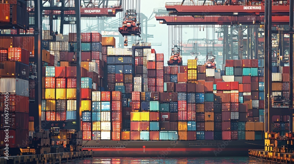 A thriving port scene with colorful shipping containers and cranes ...