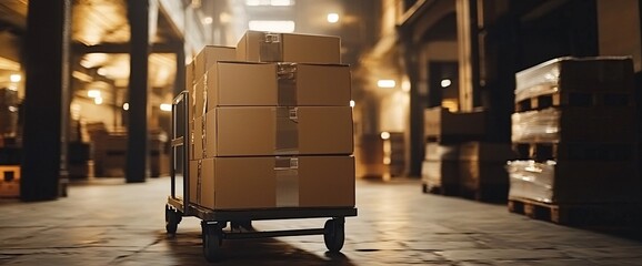 A stack of cardboard boxes on a trolley in a dimly lit warehouse, highlighting the logistics and storage aspect of the industry.