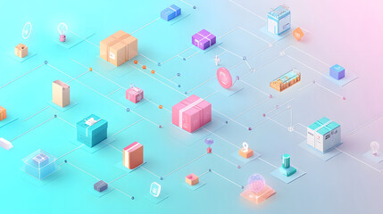 colorful illustration of distribution channels with packages and icons