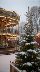 Christmas in Tivoli Gardens, Copenhagen, Denmark, with a snow covered fir tree in front of a defocussed carrousel ride