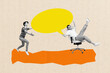 © deagreez - Composite creative art collage of two happy girl guy ride chair run colorful bubble communication phrase talk isolated on painted background