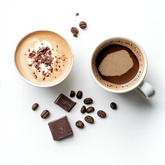 2 drinks Chocolate Chip Latte and Dark Chocolate Espresso on white background ,generative ai