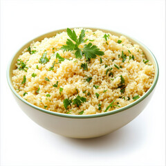 A bowl of couscous with fresh herbs, isolated on a white background, highlighting a versatile side dish