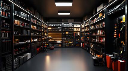 Organized inventory in modern storage room with shelves and tools