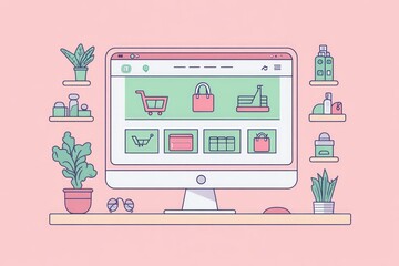  e-commerce website interface on a computer screen background