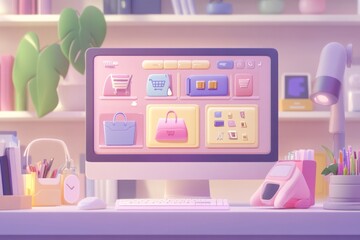  e-commerce website interface on a computer screen background