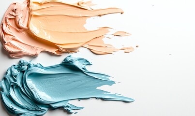 Poster - Abstract paint strokes in peach and blue on a white background, showcasing vibrant colors and texture for artistic design.