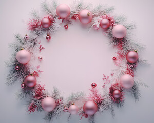 Pink and silver ornament wreath on white.