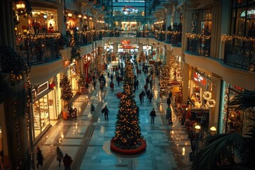 Wall Mural - christmas shoppers walking in festive mall with decorated christmas tree