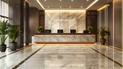 Wall Mural - Modern Hotel Reception 3D Render with Polished Marble Floors and a Sleek, Sophisticated Design