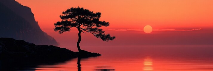 Wall Mural - Pine Tree Silhouette at Sunset Over Tranquil Lake, serene evening atmosphere, vibrant colors reflecting on water, peaceful solitude