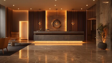 Wall Mural - Modern Hotel Reception Area 3D Visualization with Sophisticated Design and Warm, Inviting Lighting