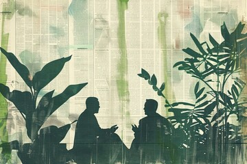 Poster - Businessman talking together silhouette outdoors drawing.