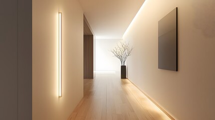 Wall Mural - Modern Linear Wall Sconce in a Minimalist Hallway Bright White Light Highlighting the Clean Lines