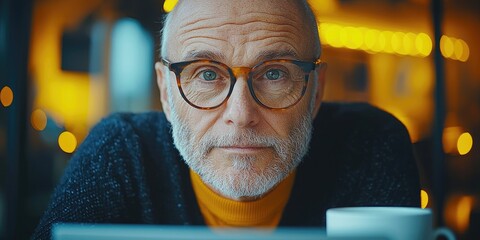 Aufkleber - An older adult at home, wearing glasses and attending an online course, surrounded by notes, a laptop, and a coffee cup, embodying a commitment to lifelong learning.